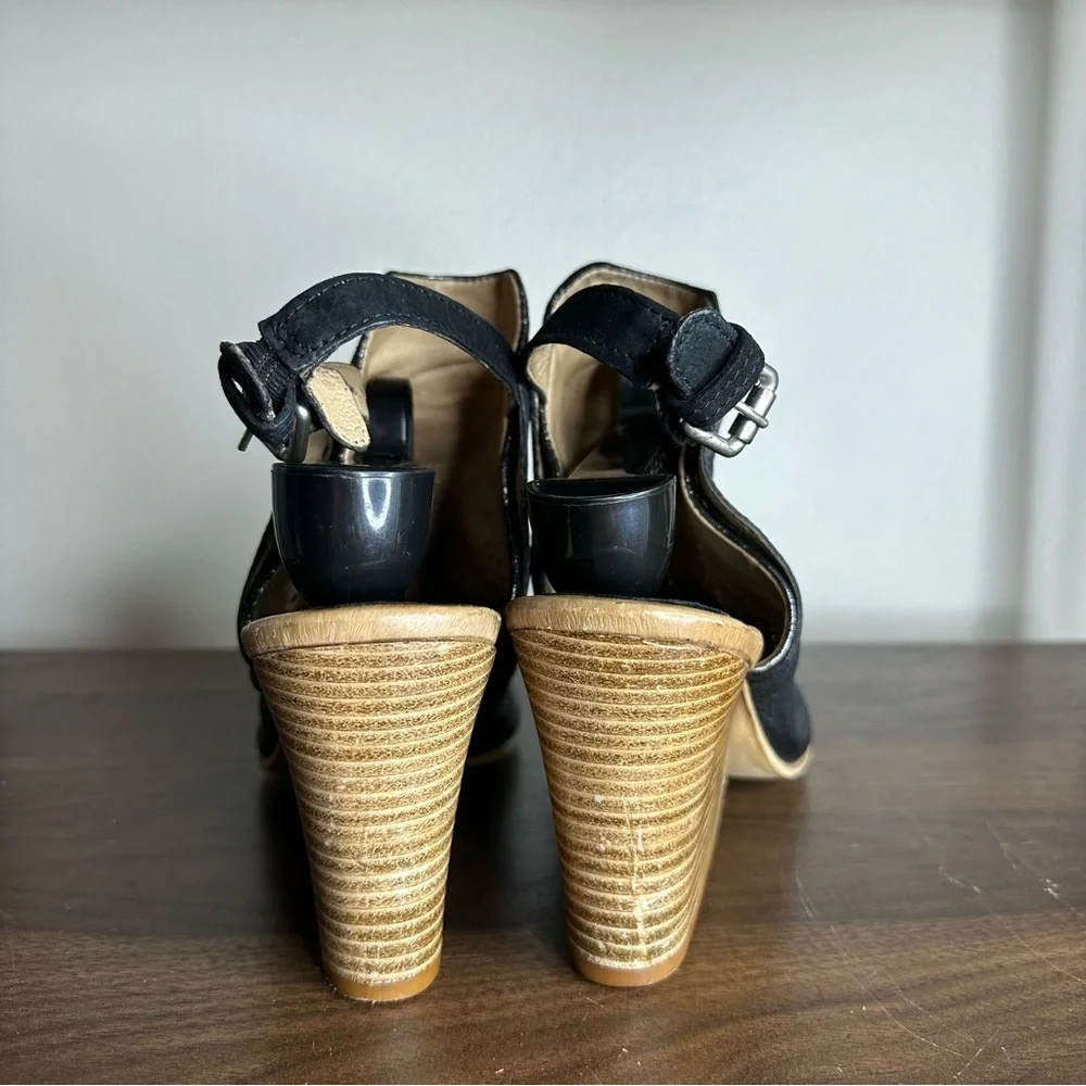 Miz Mooz Kensley Black Leather Wedge Peep Toe Sandals Sz 41 Womens